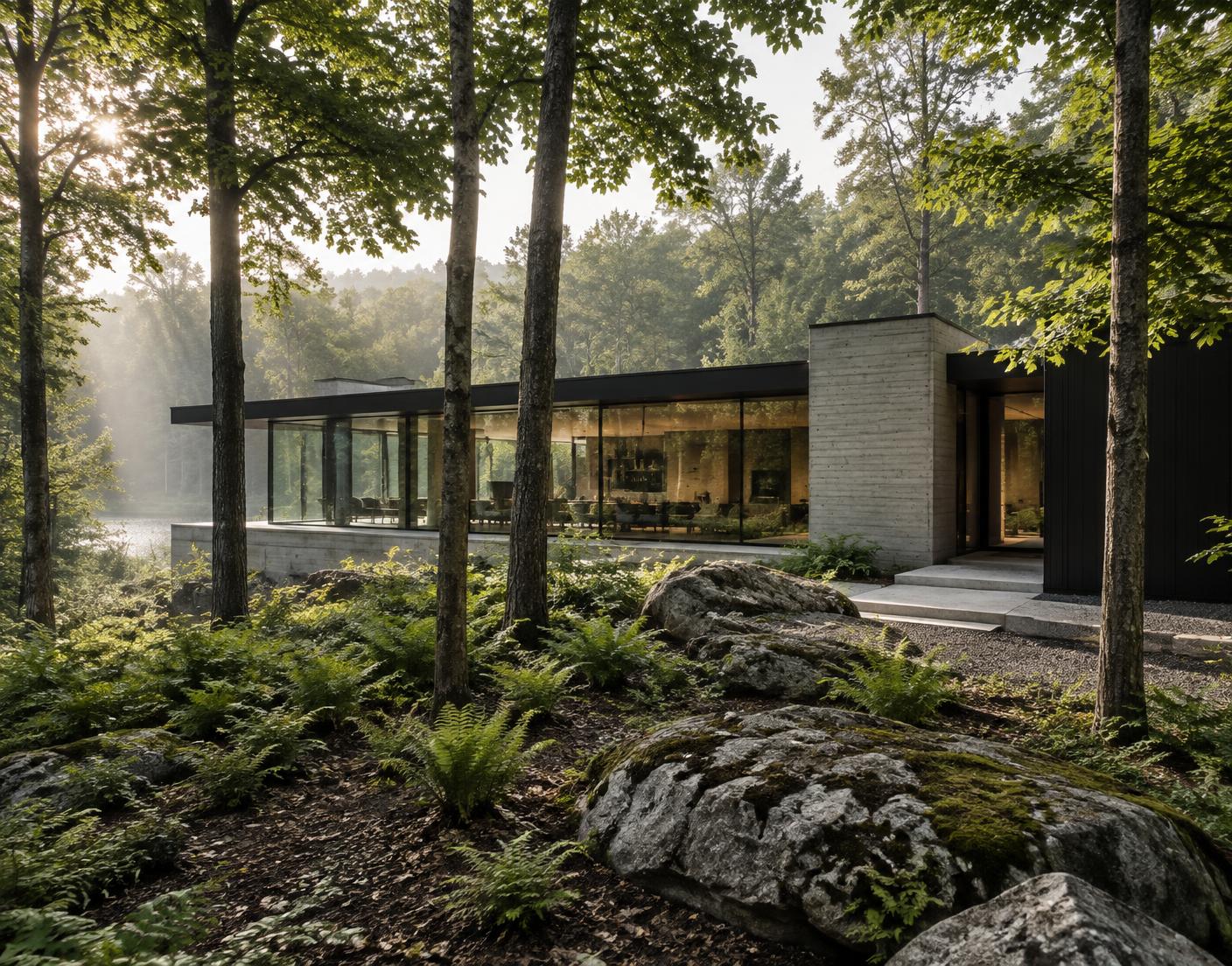 Modern residence quietly integrated into a wooded property