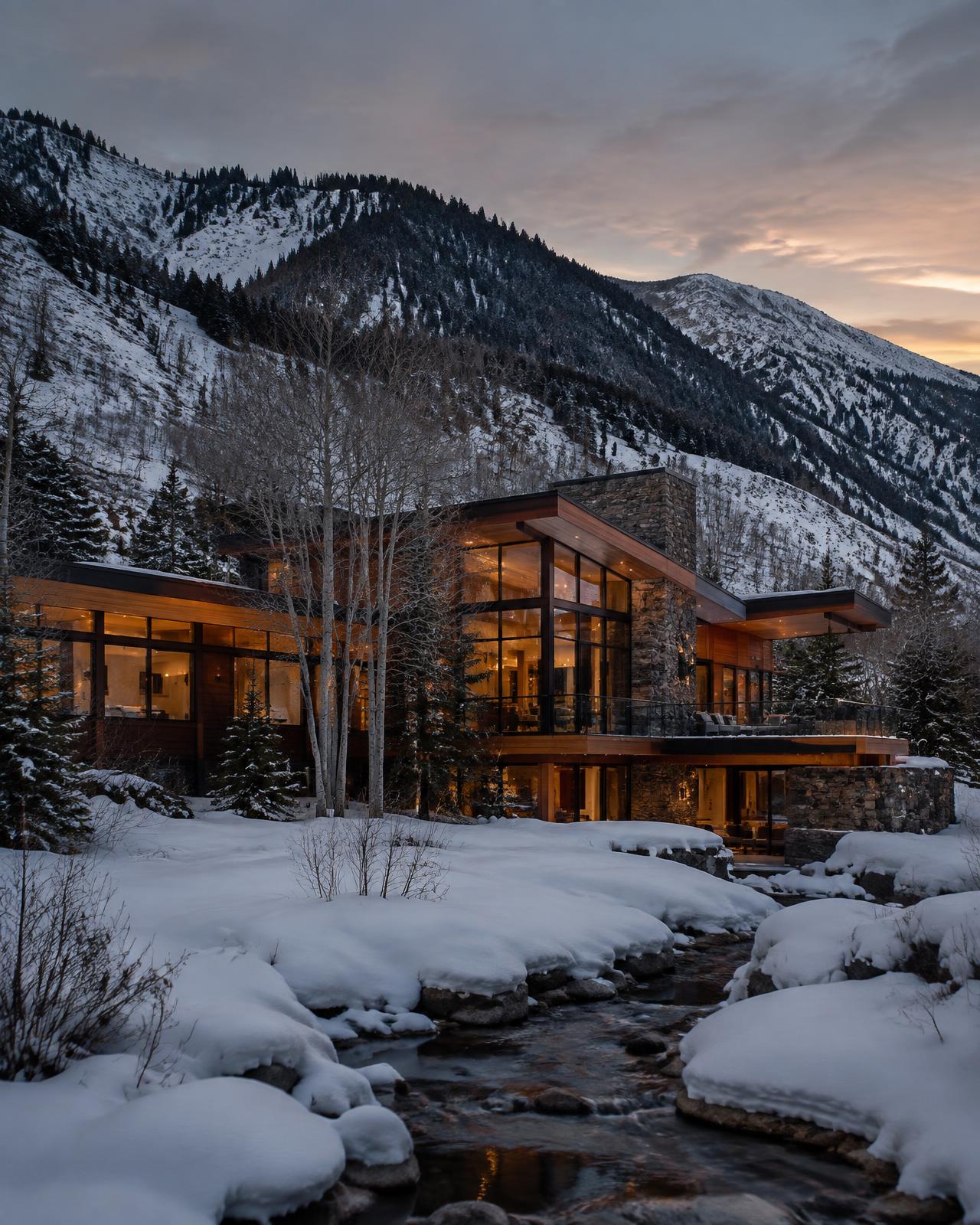 Mountain residence in a snowy valley at dusk