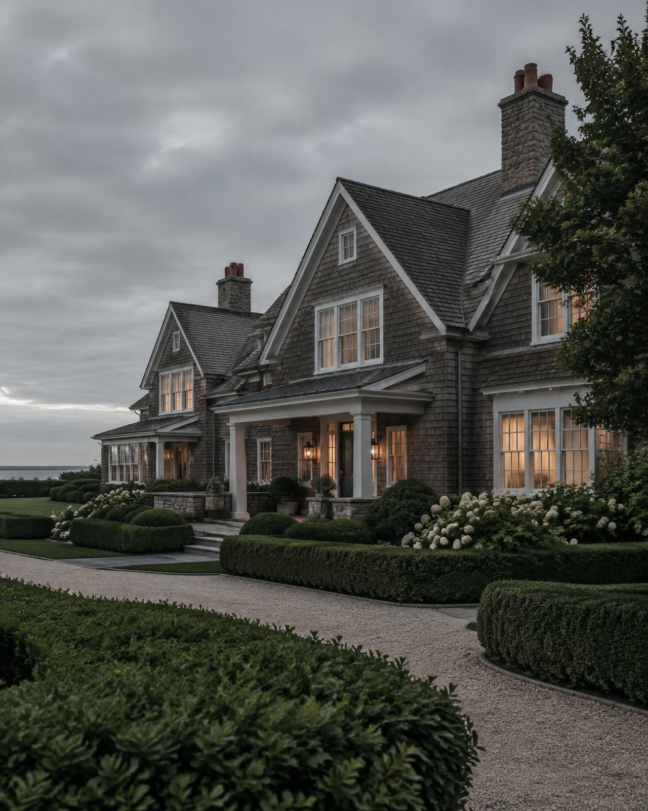 Shingle-style estate with manicured hedges at evening