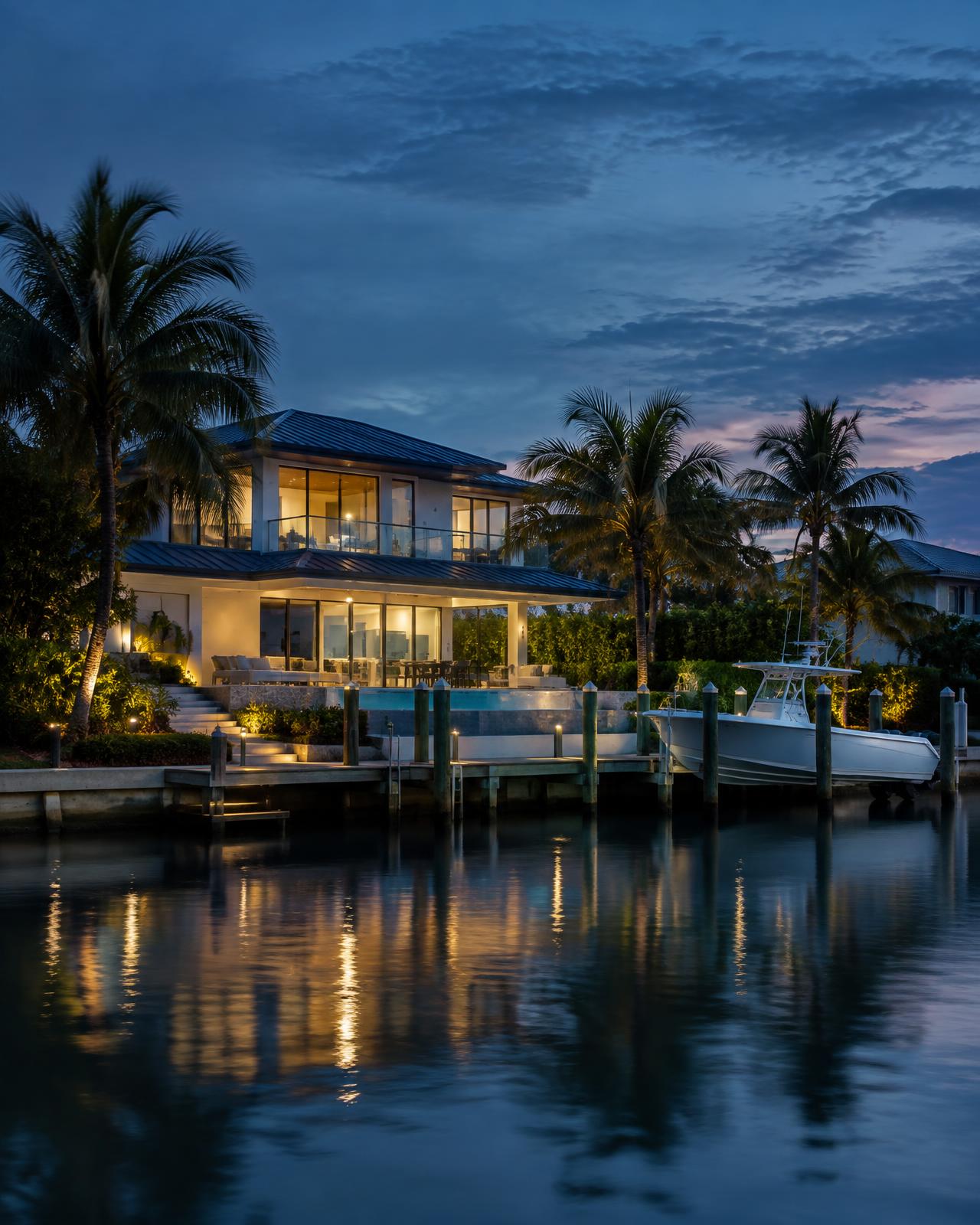 Waterfront residence with private dock at blue hour