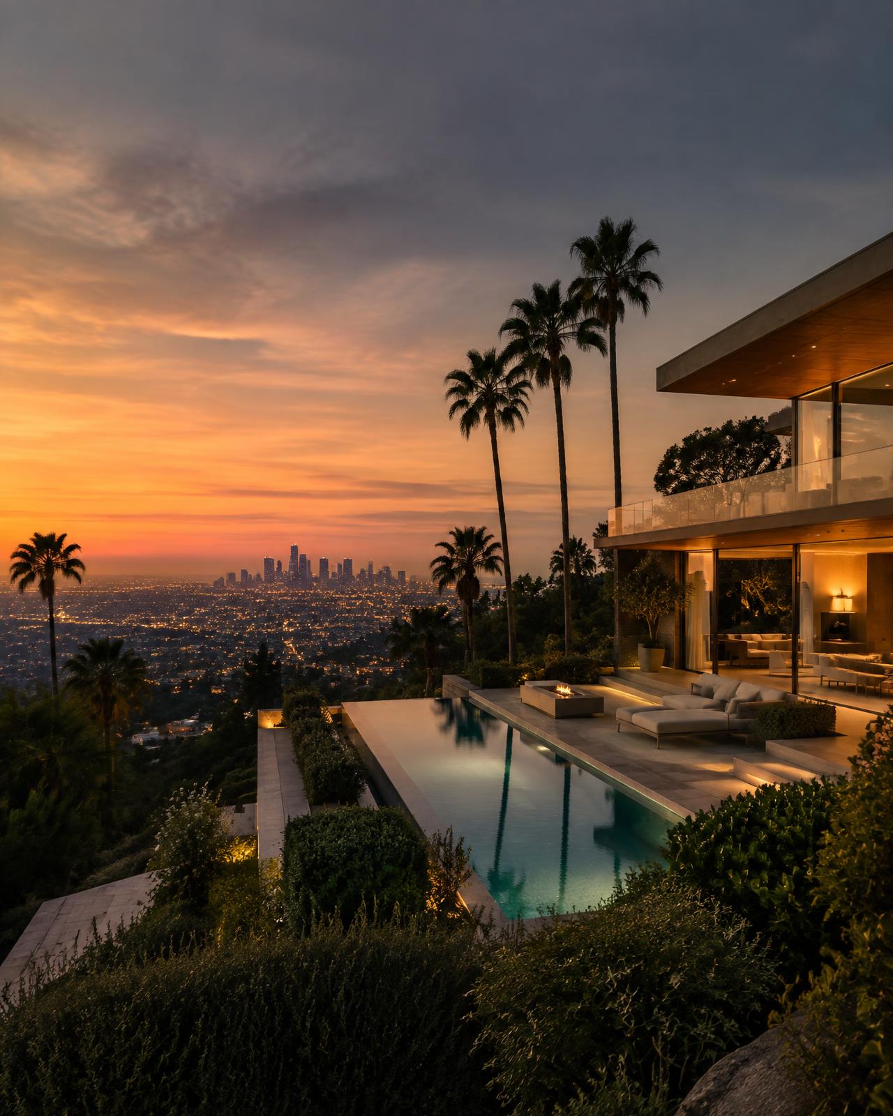 Hillside estate overlooking city lights at dusk