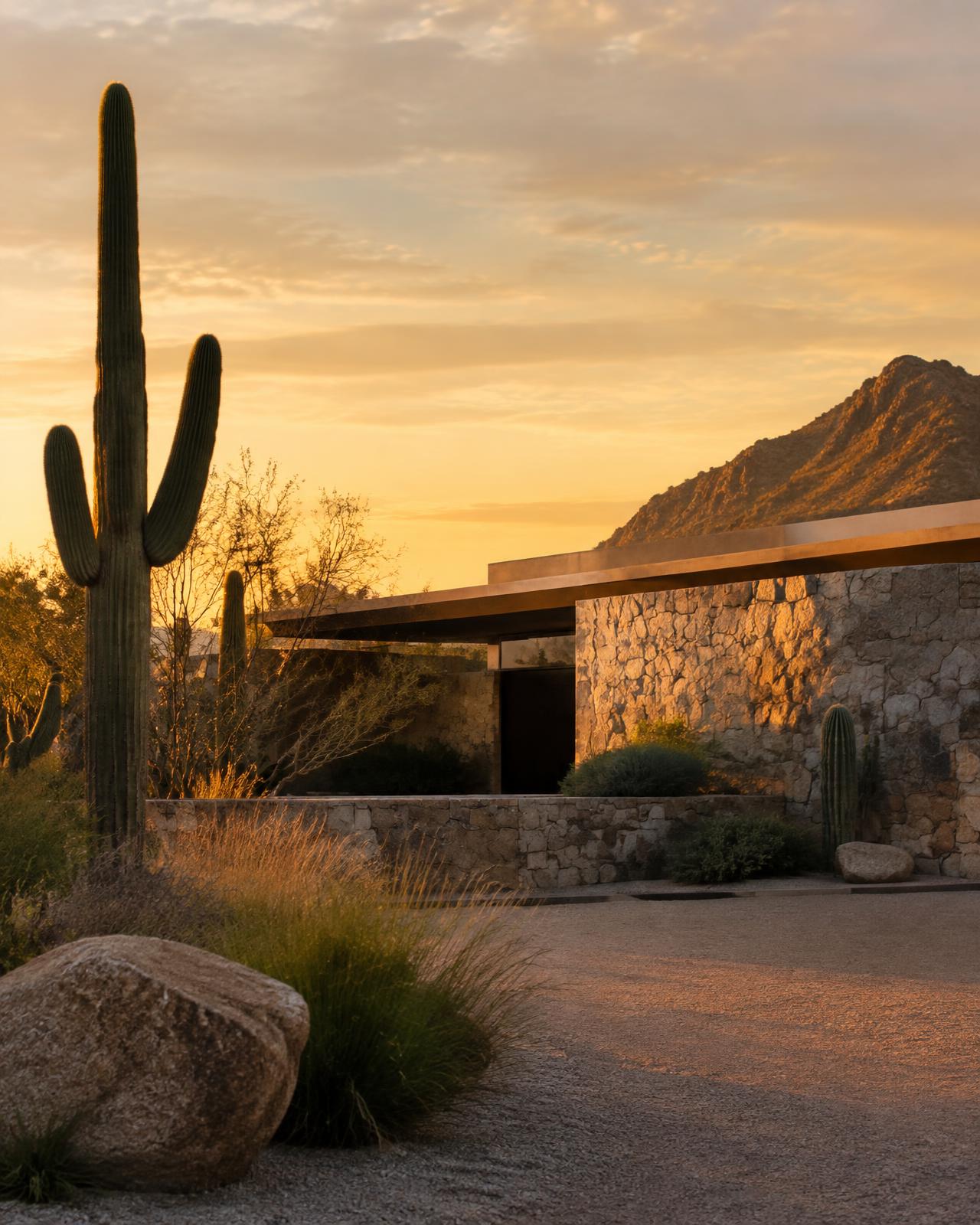 Stone desert residence with saguaro cactus at golden hour